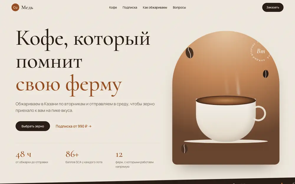 Первый экран демо-сайта обжарочной «Медь», сделанного TDN Soul