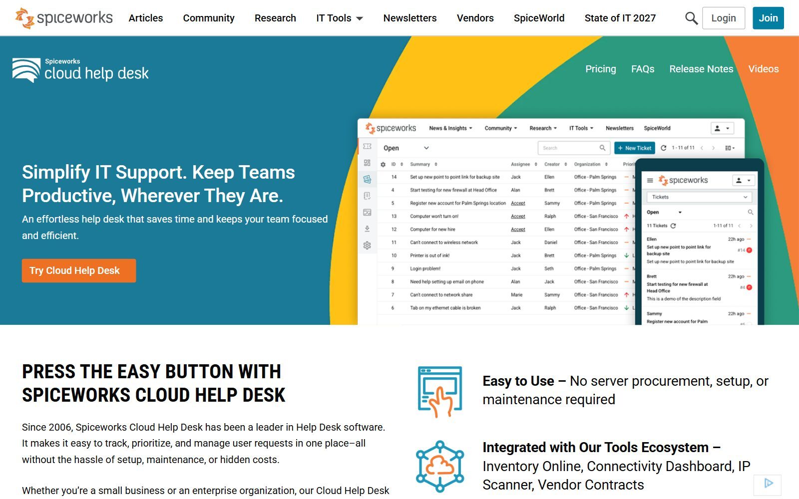 Spiceworks Cloud Help Desk page screenshot (October 2026)