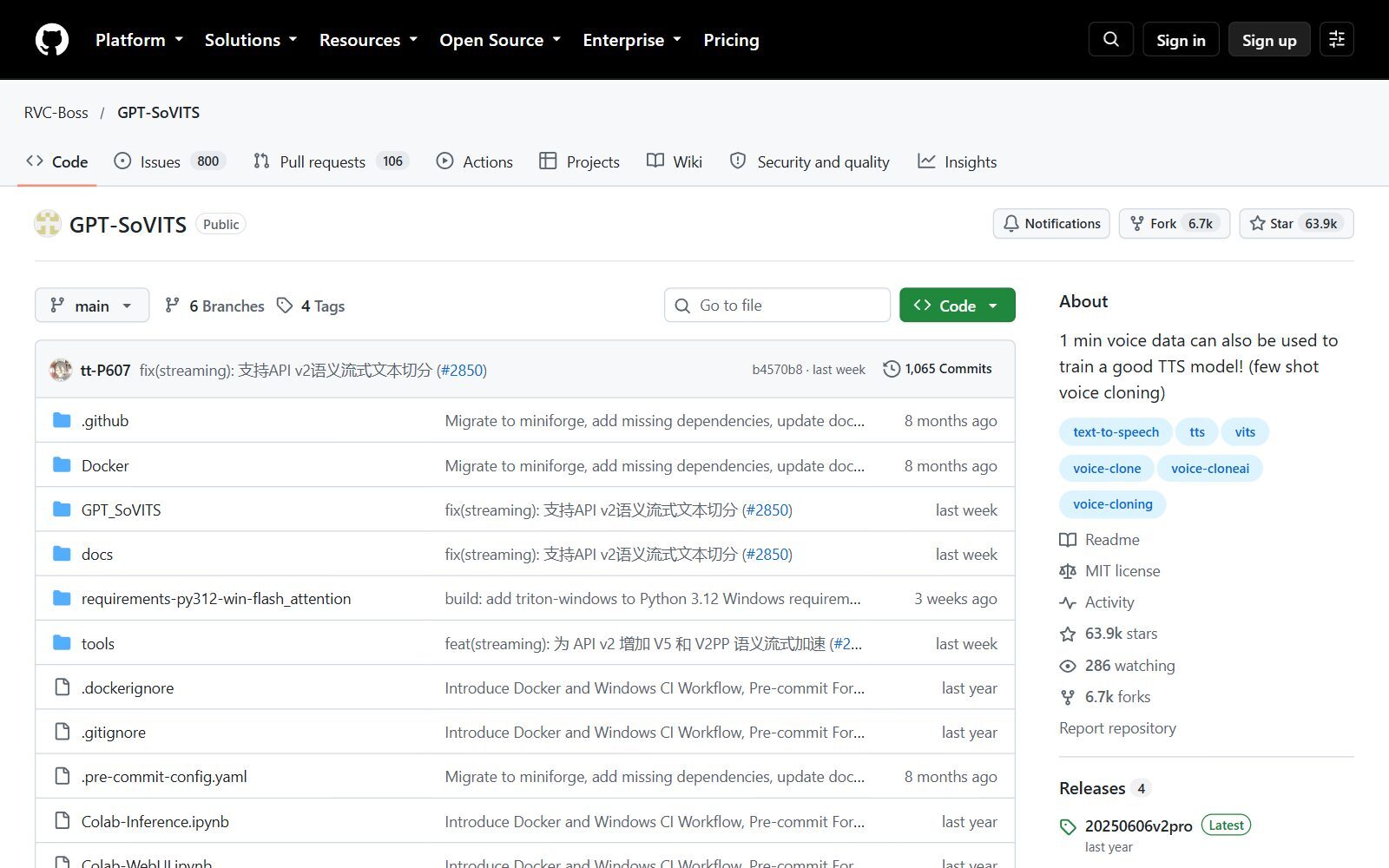 GPT-SoVITS GitHub repository with MIT license, few-shot voice cloning (October 2026)