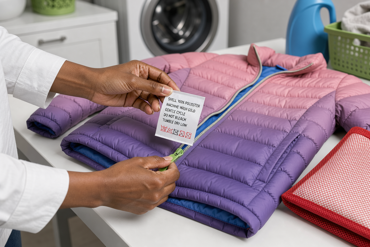 Close-up of hands checking a care label and unzipping a puffer jacket before washing, laundry room background, no branded products