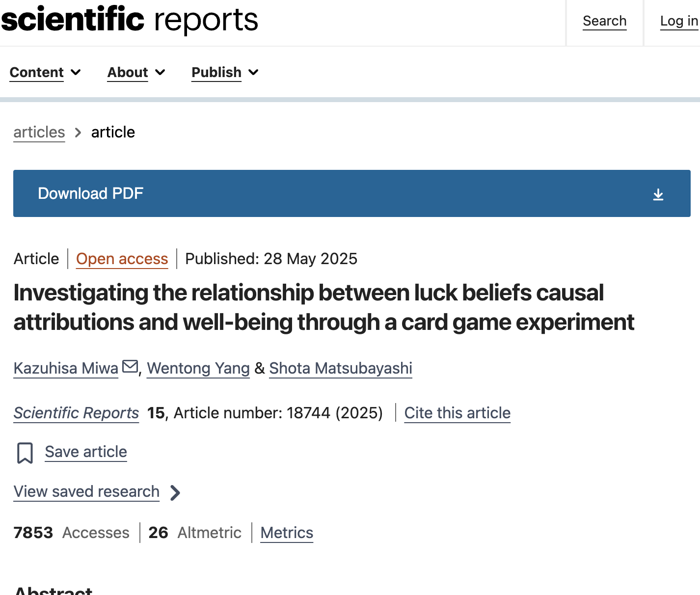 Scientific Reports · 2025: Investigating the relationship between luck beliefs causal attributions and well-being through a card game experiment