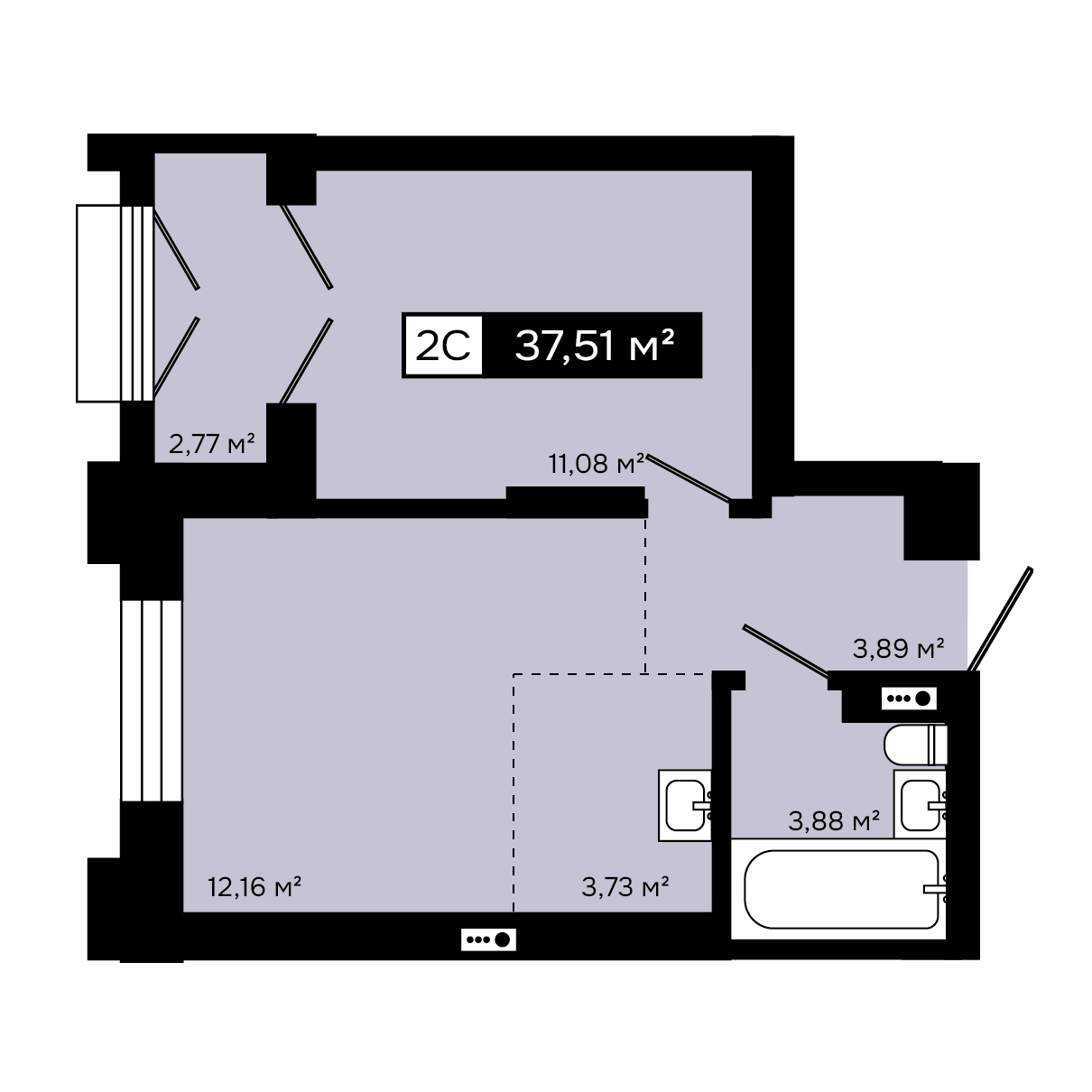 Двухкомнатная студия 37,51 м² в ЖК Платина