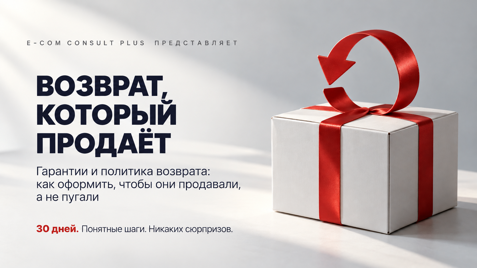Обложка «Возврат, который продаёт»: белая коробка, перевязанная красной лентой в форме стрелки возврата, рядом заголовок о гарантиях и политике возврата.