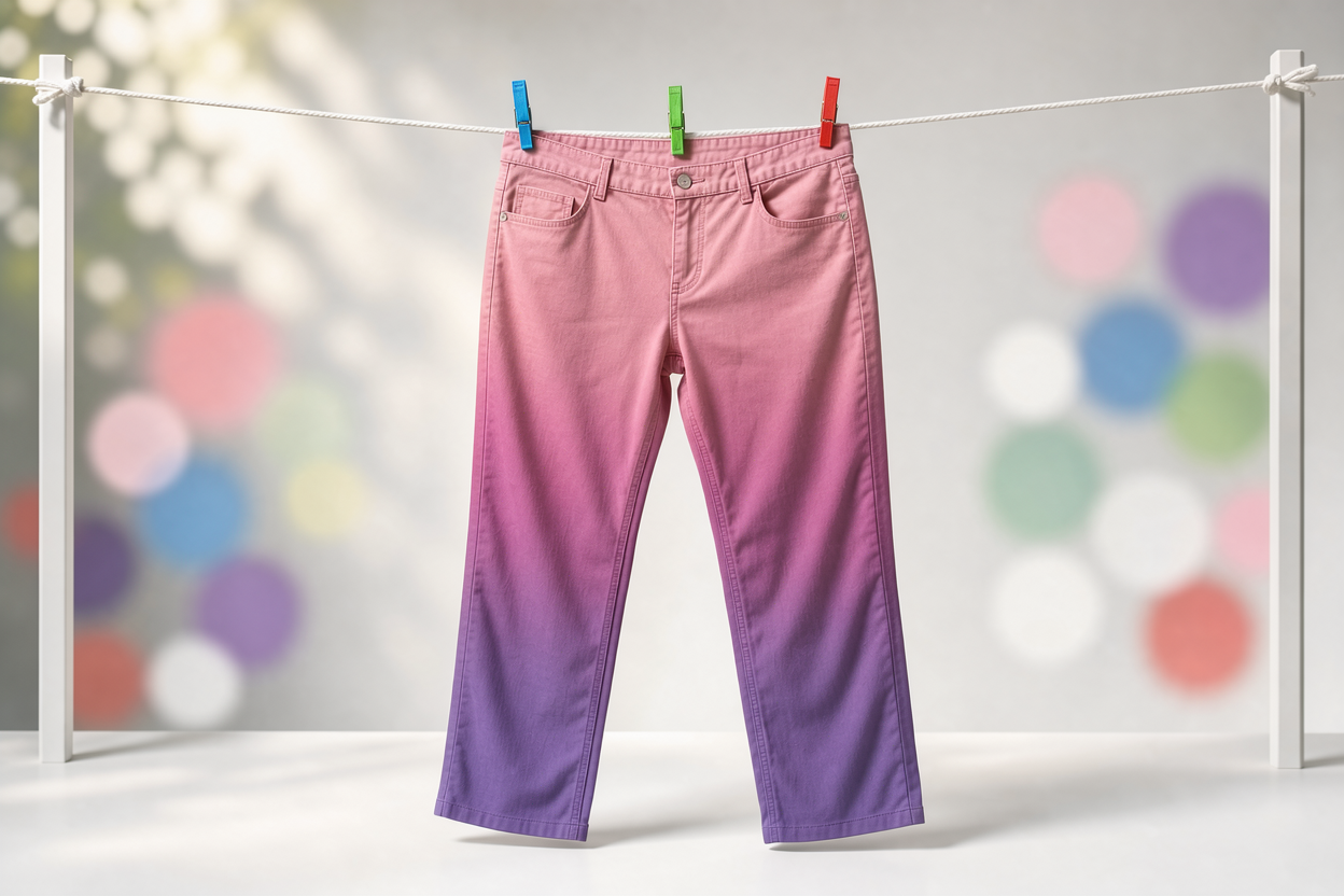 A pair of pants hung to air-dry on a clothesline in shade, with sunlight diffused and the garment smoothed by hand