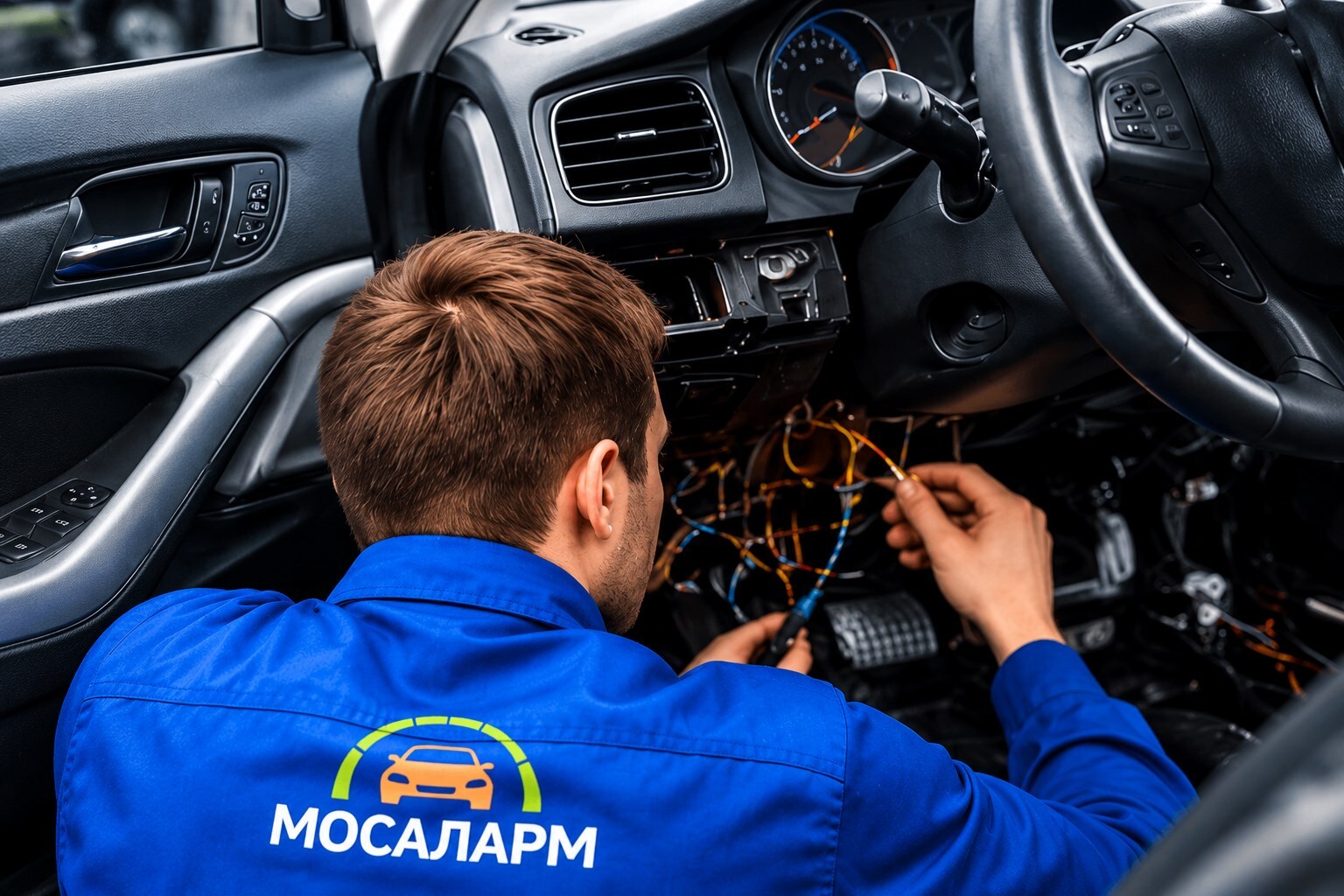 Мастер МосАларм устанавливает автосигнализацию в автомобиле