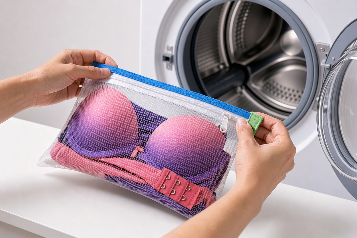 Hands zipping a mesh laundry bag closed and fastening bra hooks before placing it into the drum of a washing machine