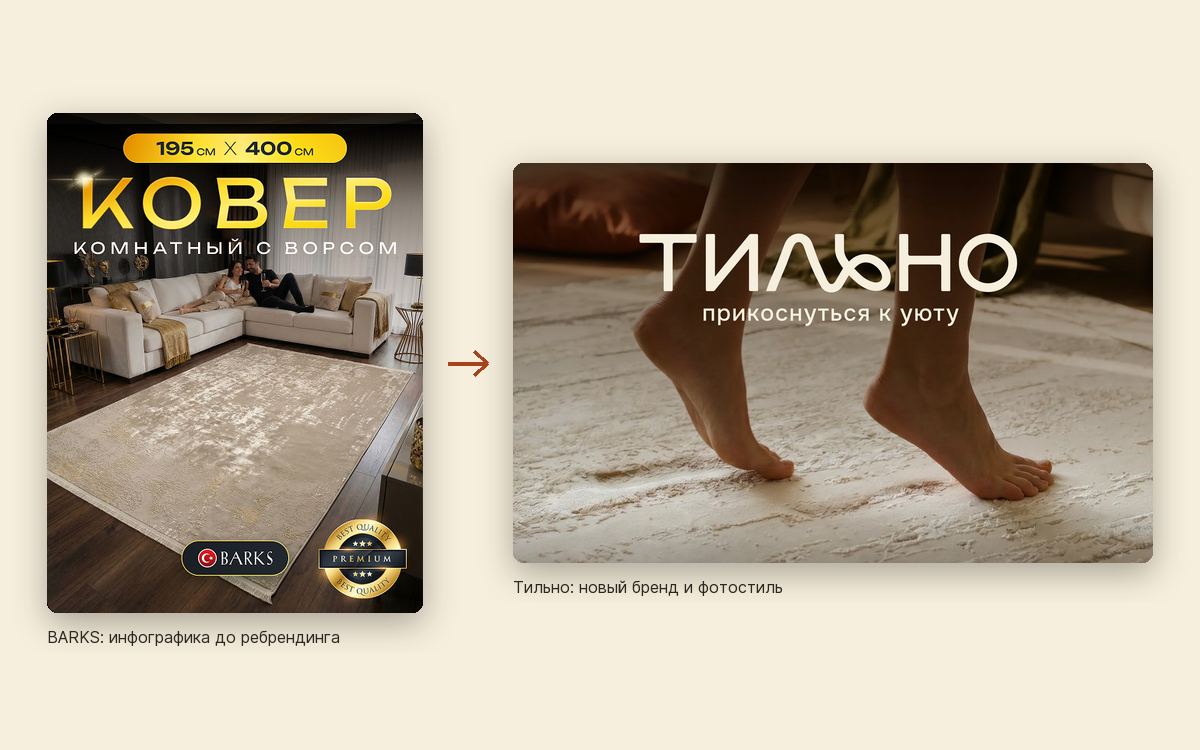 Инфографика BARKS до ребрендинга и новый бренд Тильно