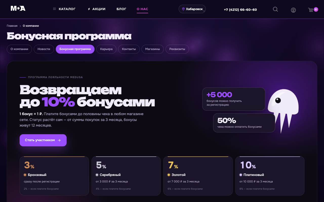 Бонусная программа Medusa: статусы и кешбэк