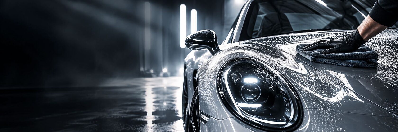 Detailer polishing a silver sports car with a microfibre towel