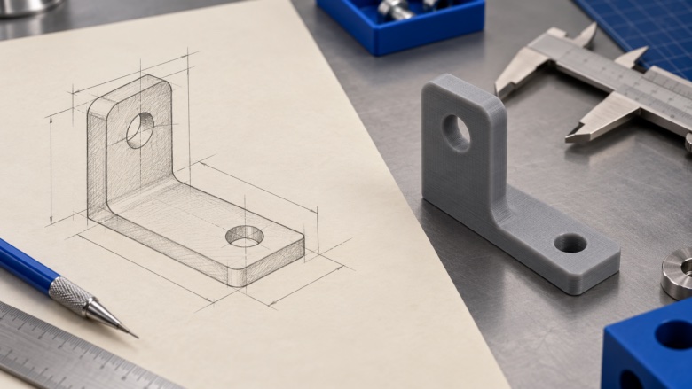 Pencil sketch of an L-shaped bracket next to its 3D-printed prototype, with calipers and a ruler