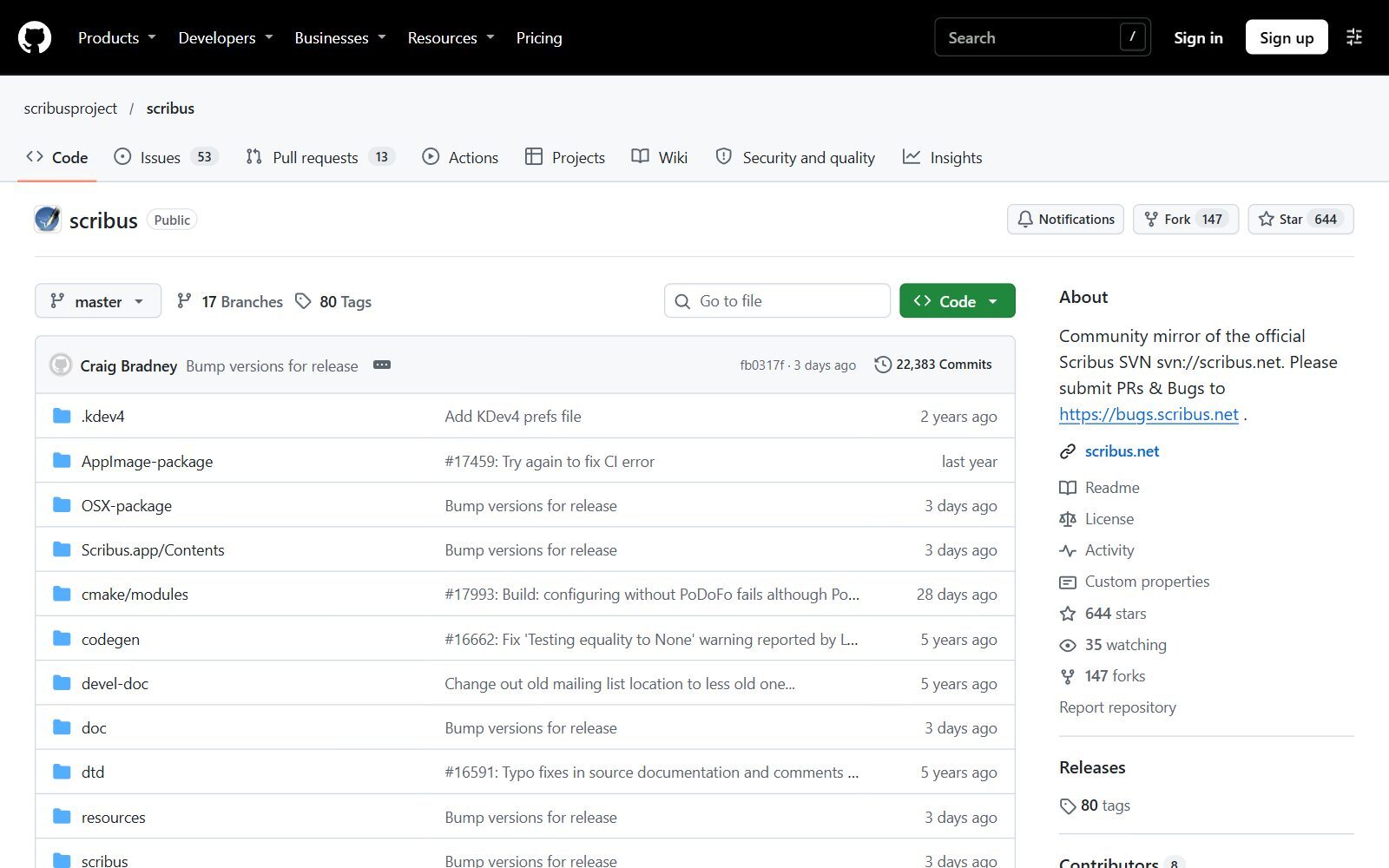 Scribus GitHub repository screenshot (October 2026)
