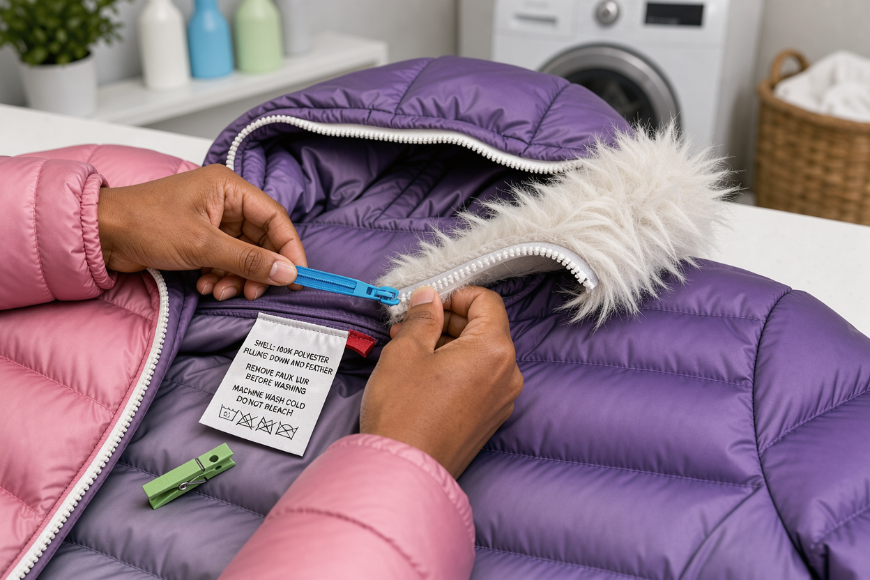 Hands unzipping a down jacket and removing a detachable faux-fur trim, with a visible care label, neutral home laundry setting
