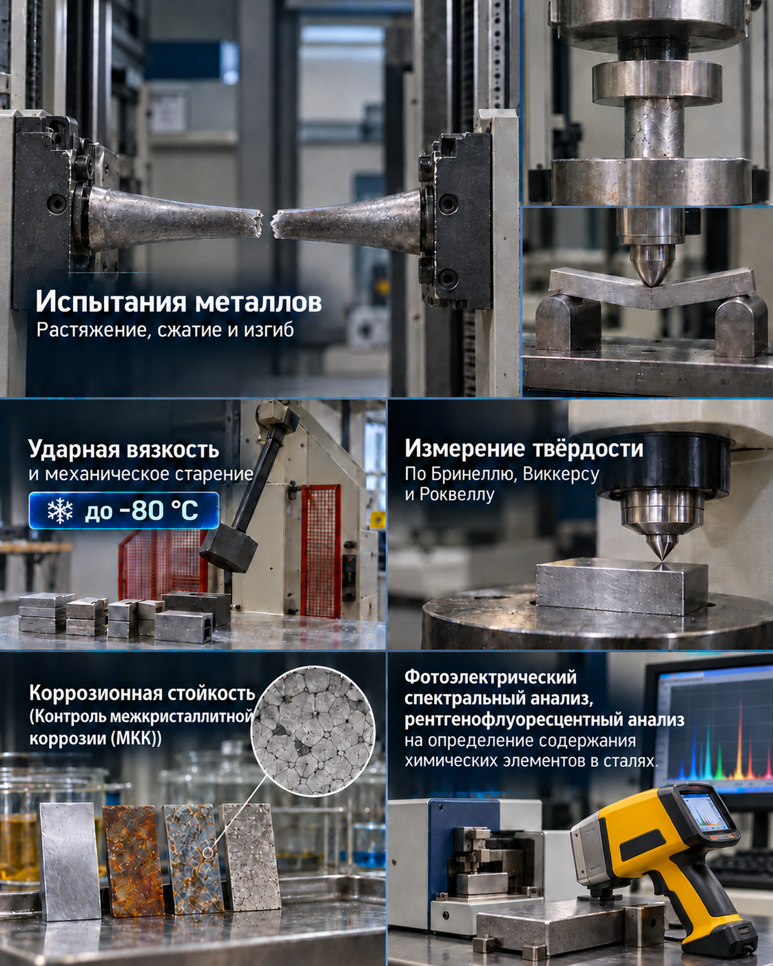 Иллюстрация видов испытаний: растяжение, изгиб, ударная вязкость, твёрдость, МКК и химический анализ сталей