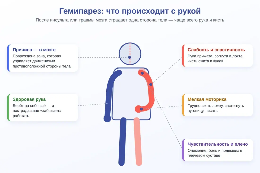 Что происходит с рукой при гемипарезе: слабость, спастичность, нарушение мелкой моторики, боль в плече