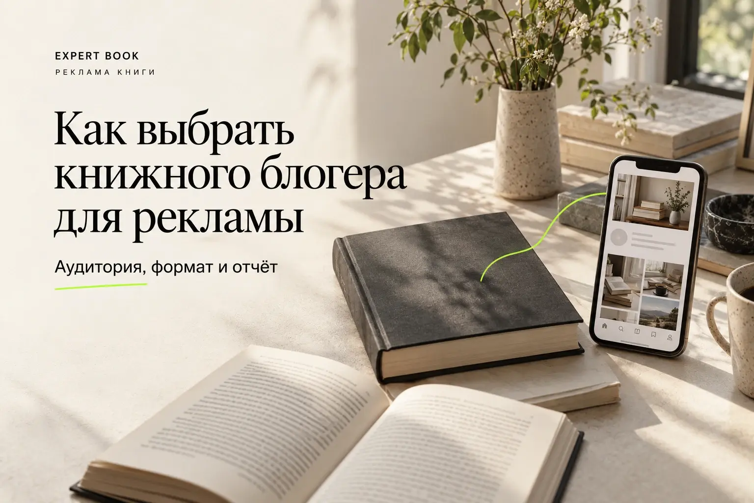 Обложка статьи «Как выбрать книжного блогера для рекламы»: книги и телефон на светлом столе