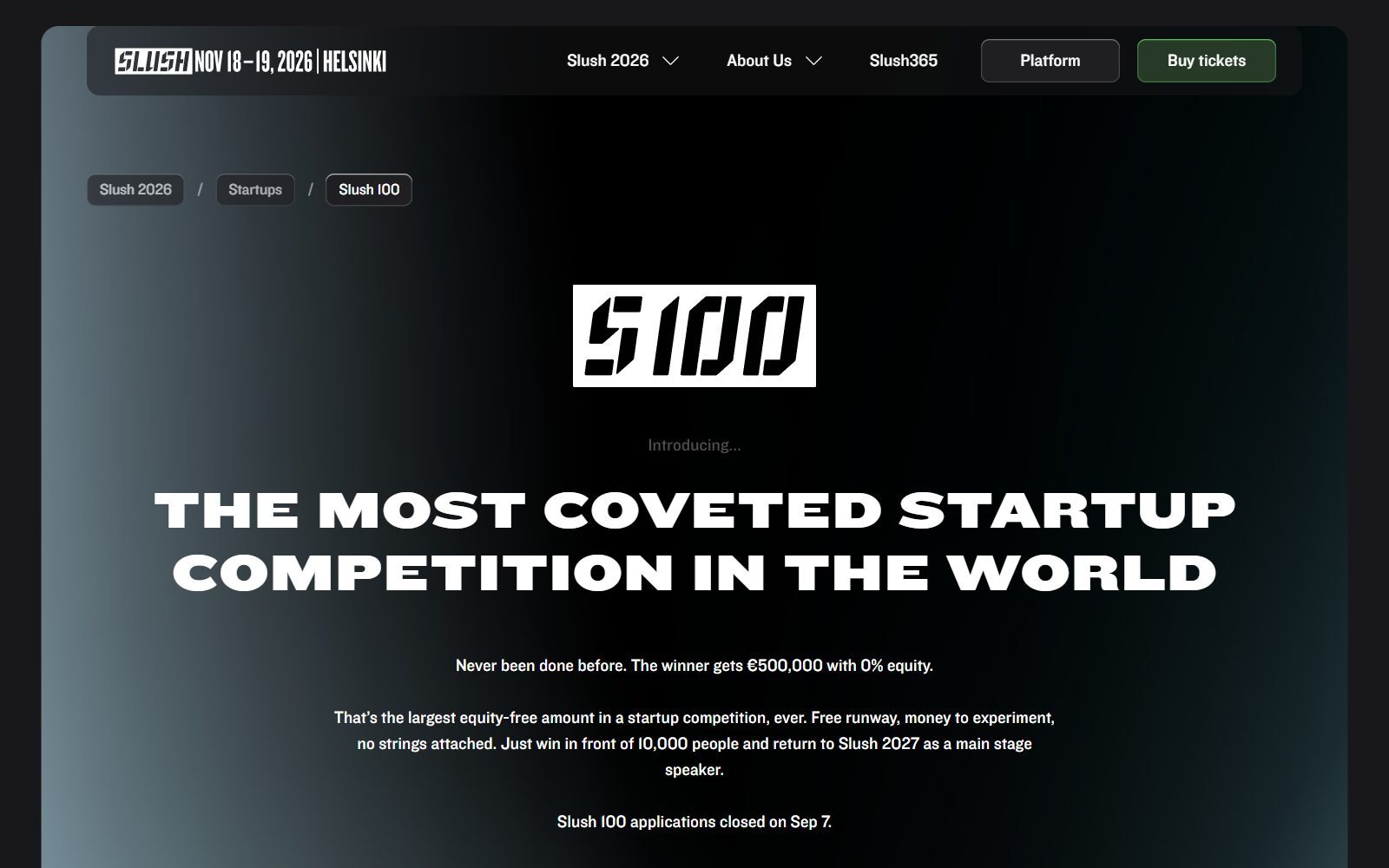 Slush 100 startup competition page screenshot (October 2026)