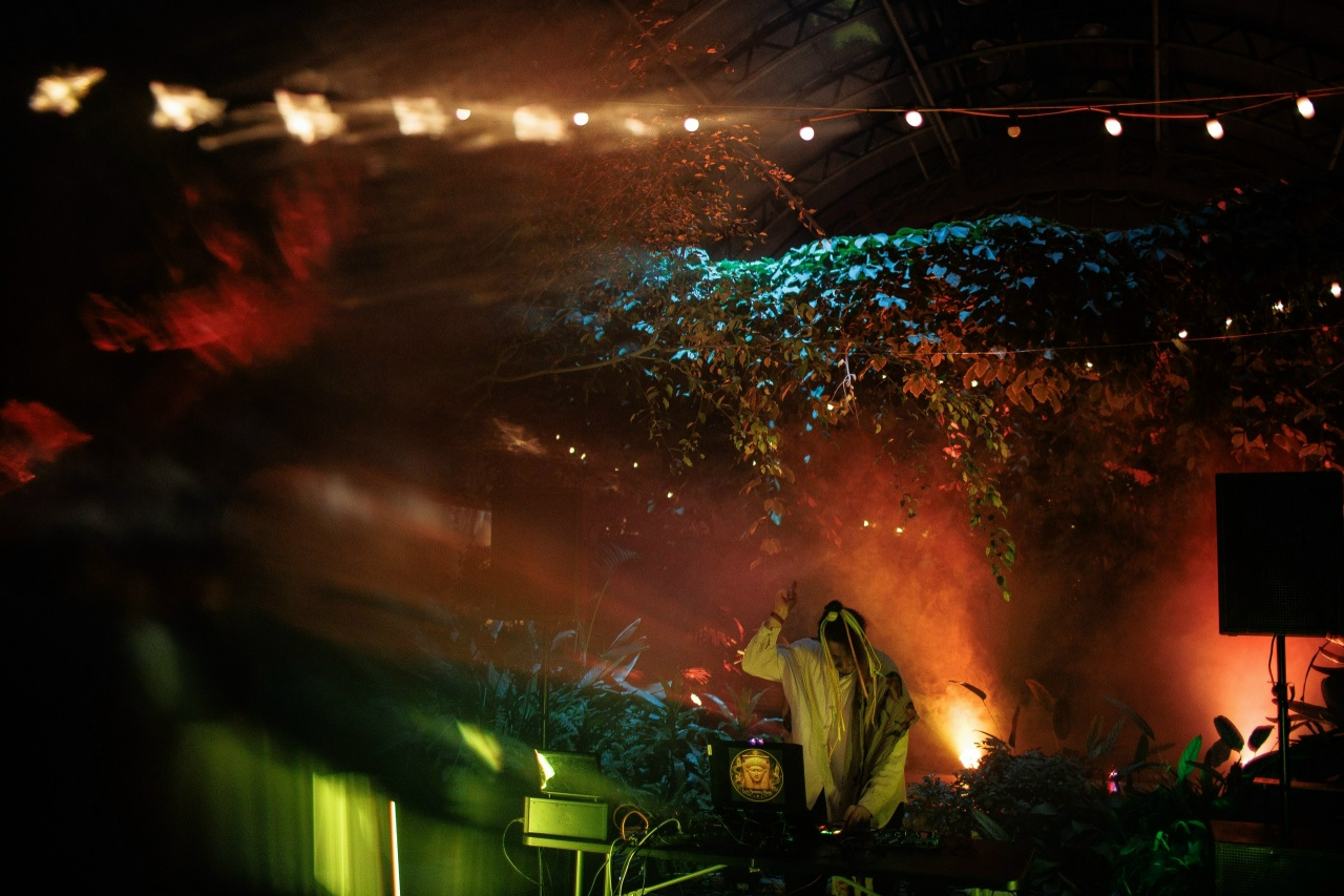 Leo Somna Music performing in an illuminated greenhouse