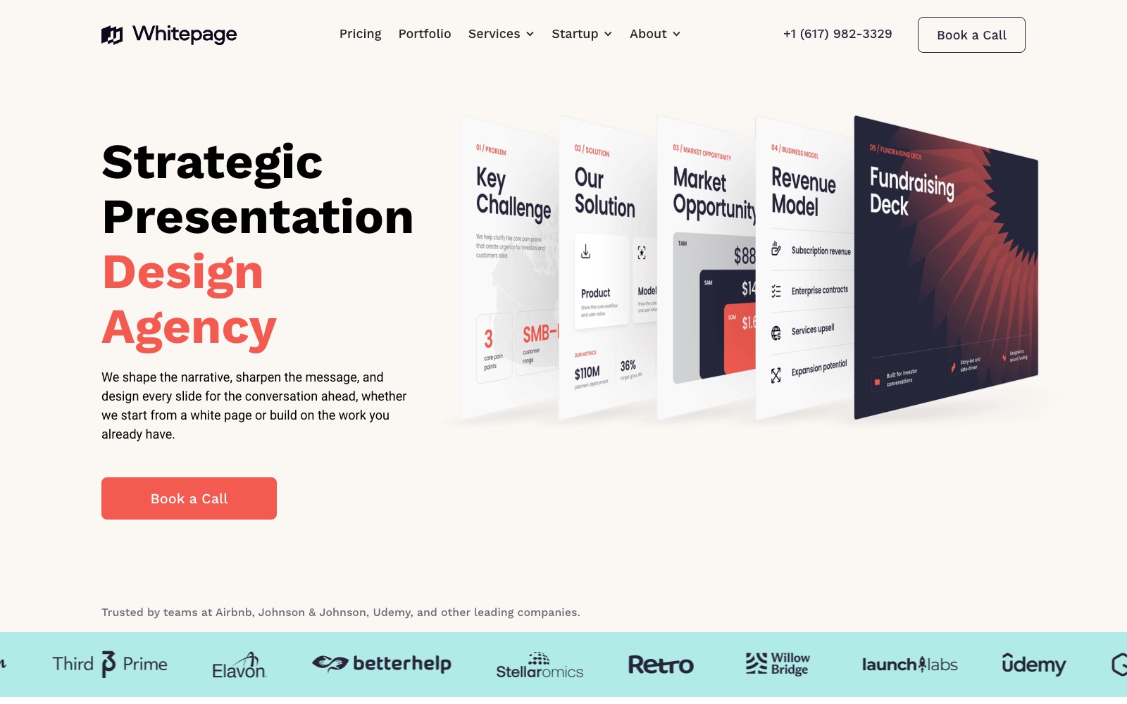 Whitepage Studio homepage screenshot: pitch deck agency for startups