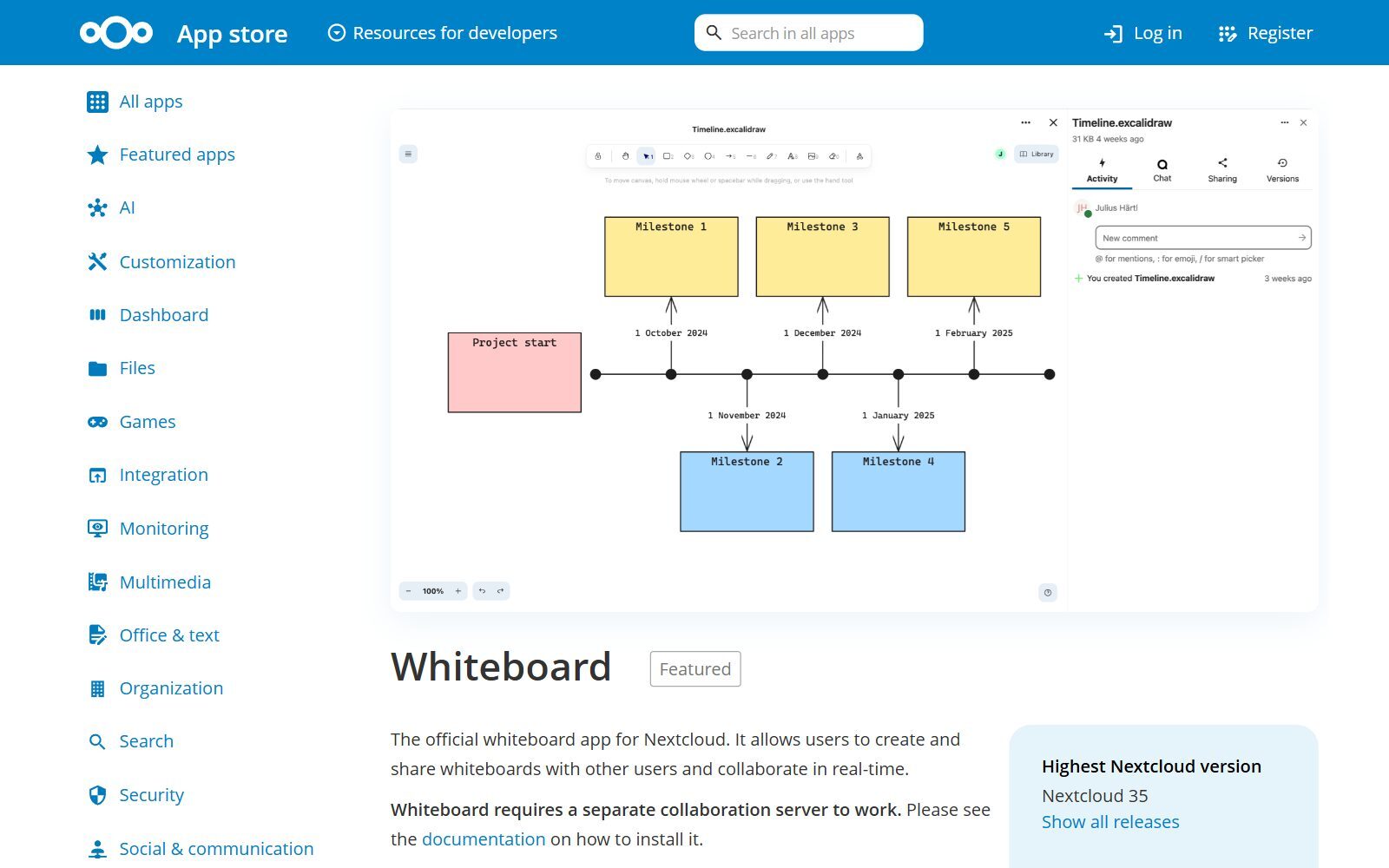 Nextcloud Whiteboard app store page screenshot (October 2026)