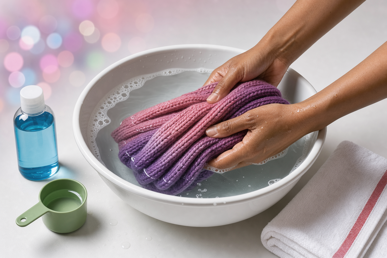 Hands gently submerging a knitted sweater in a basin of lukewarm water with a small amount of mild liquid detergent and a folded towel beside it