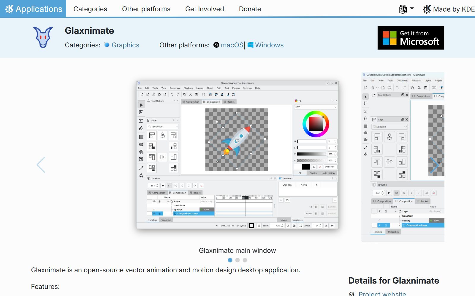 Glaxnimate page on KDE Applications, screenshot (October 2026)