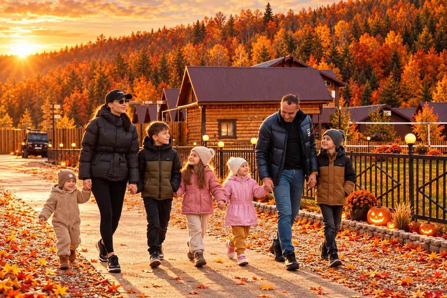 Двое родителей и пятеро детей вместе на осенней территории Усадьбы