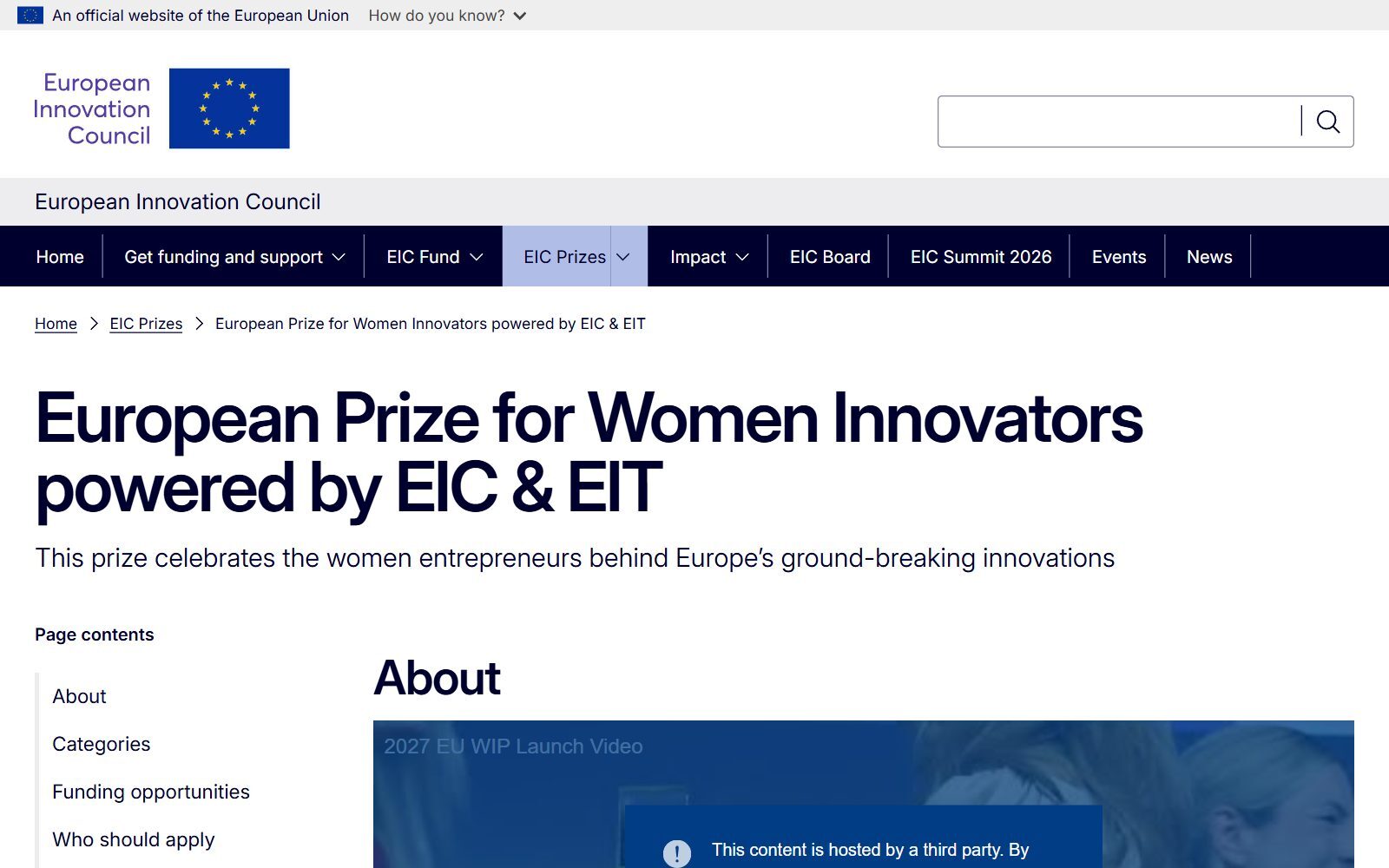 European Prize for Women Innovators powered by EIC and EIT official page screenshot (October 2026)