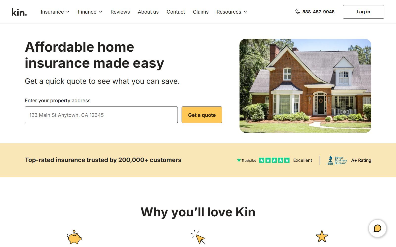 Kin home insurance homepage screenshot (October 2026)