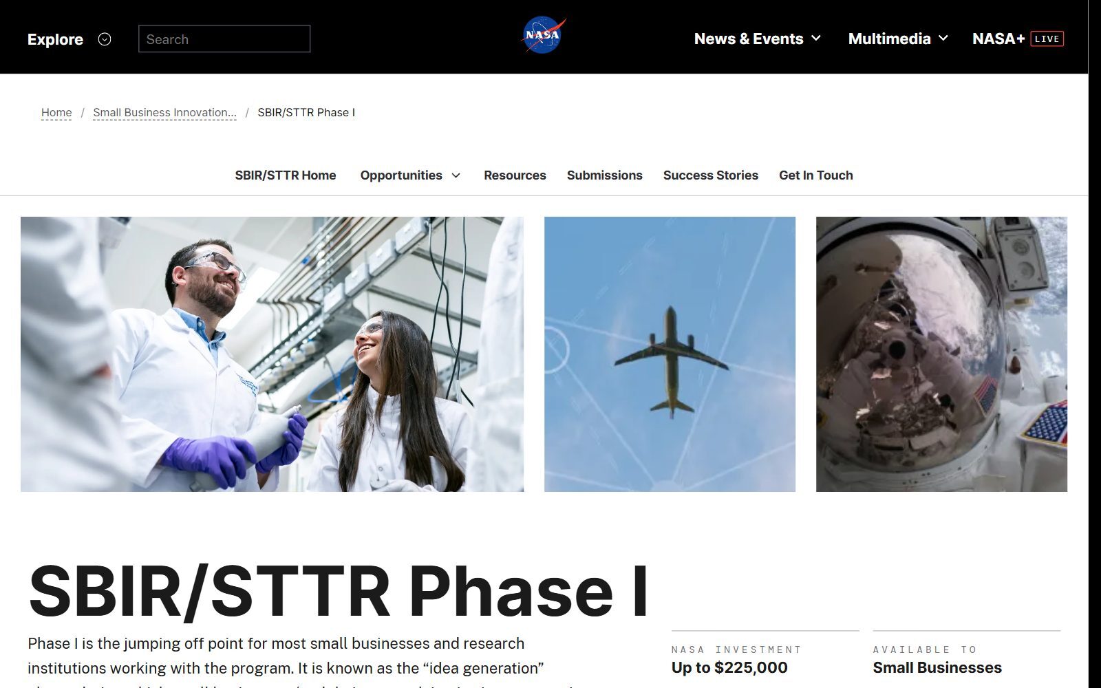 NASA SBIR/STTR Phase I page showing an investment of up to $225,000 for small businesses, screenshot (October 2026)