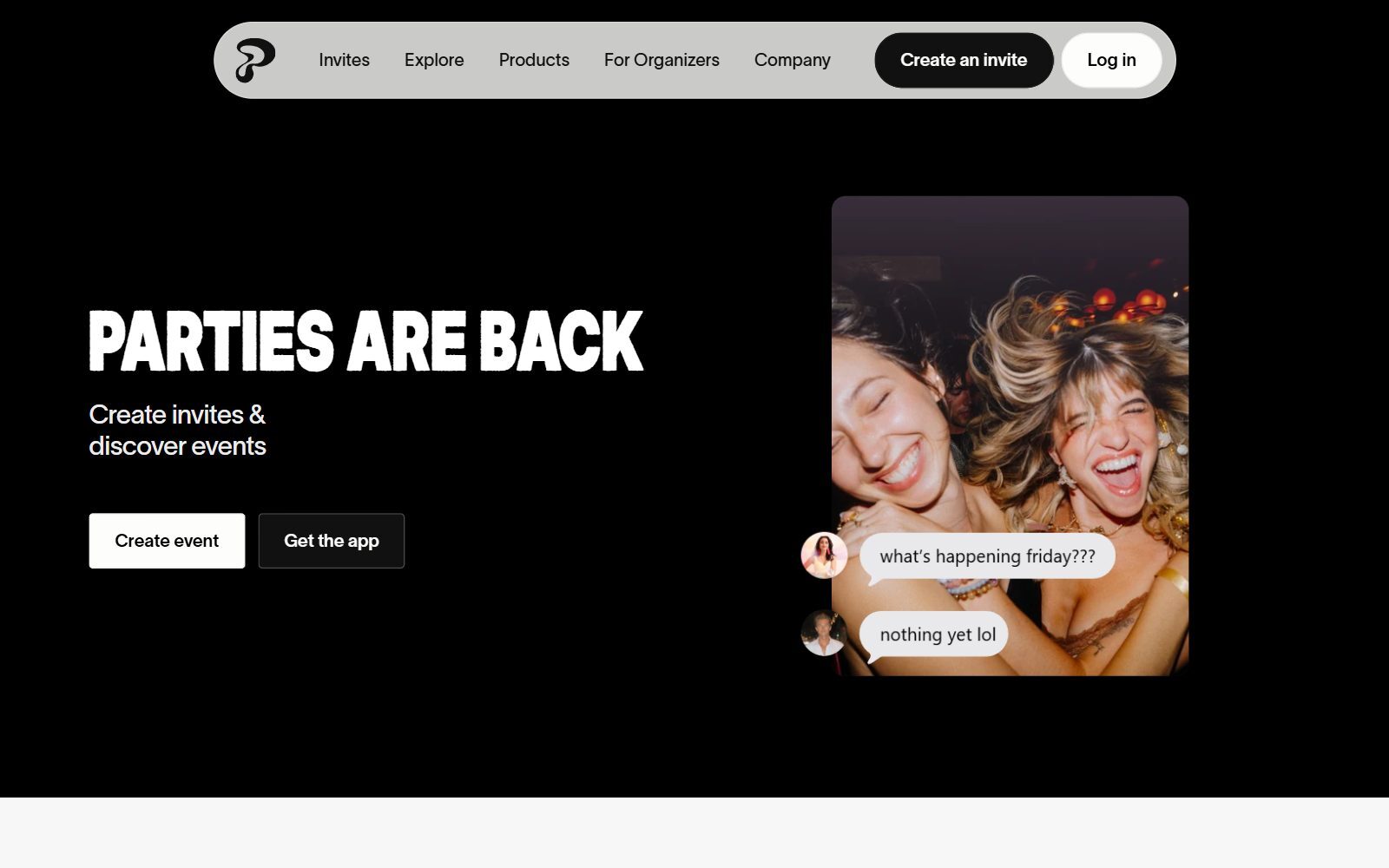 Partiful event invites app homepage screenshot (October 2026)