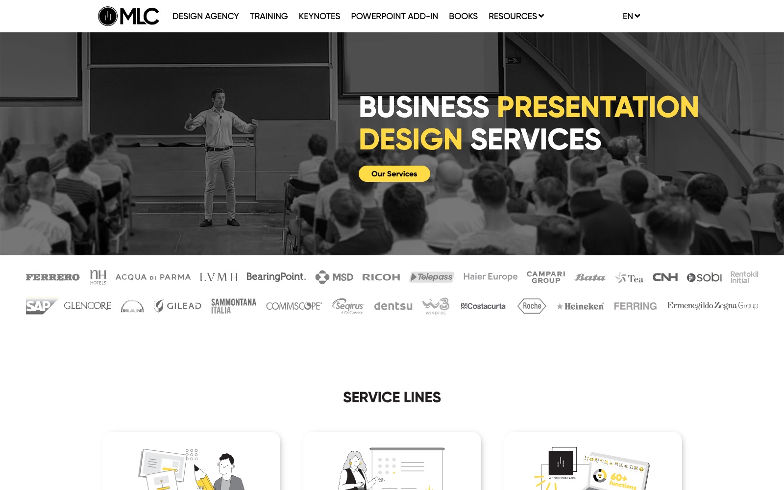 MLC Presentation Design homepage screenshot: pitch deck agency in Europe
