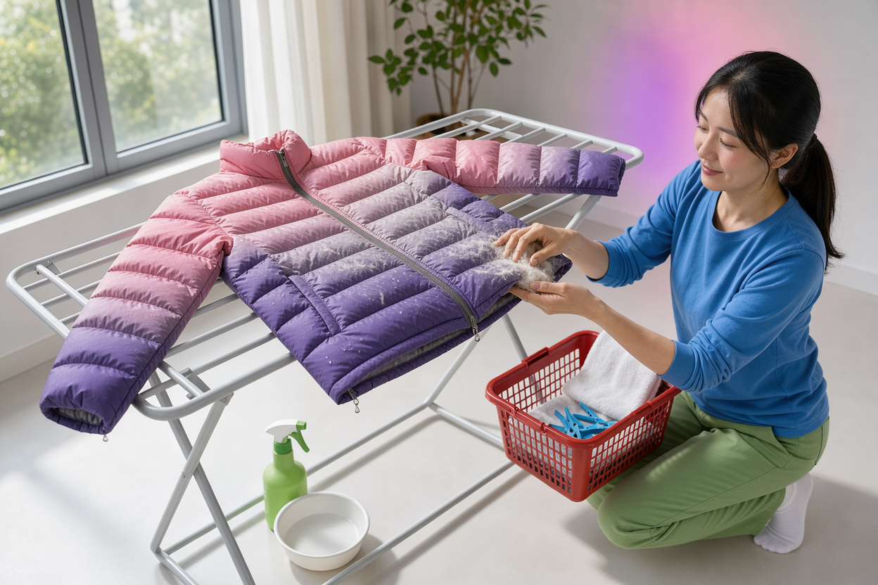 A puffer jacket laid flat to dry on a drying rack while a person gently fluffs the filling by hand, soft natural indoor light