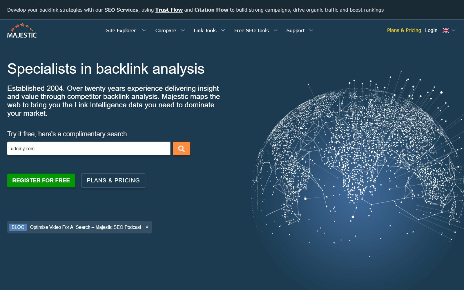 Majestic homepage screenshot: specialists in backlink analysis, established 2004 (October 2026)