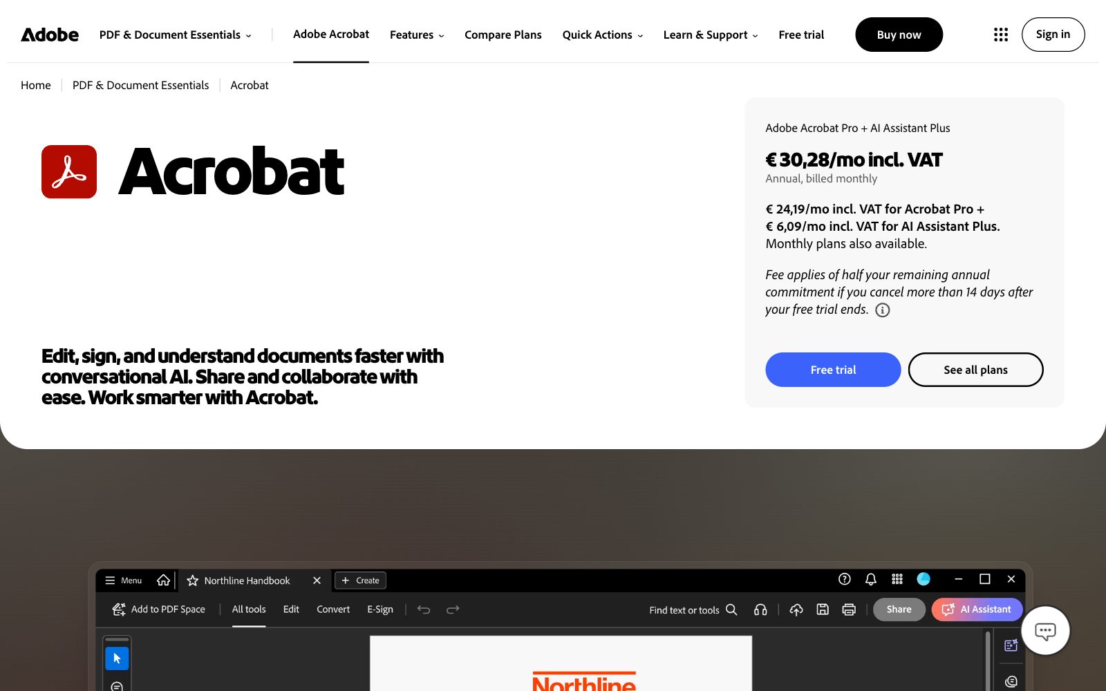 Screenshot of the Adobe Acrobat product page with the line Edit, sign, and understand documents faster with conversational AI, a price box for Acrobat Pro with AI Assistant Plus and the Acrobat app below