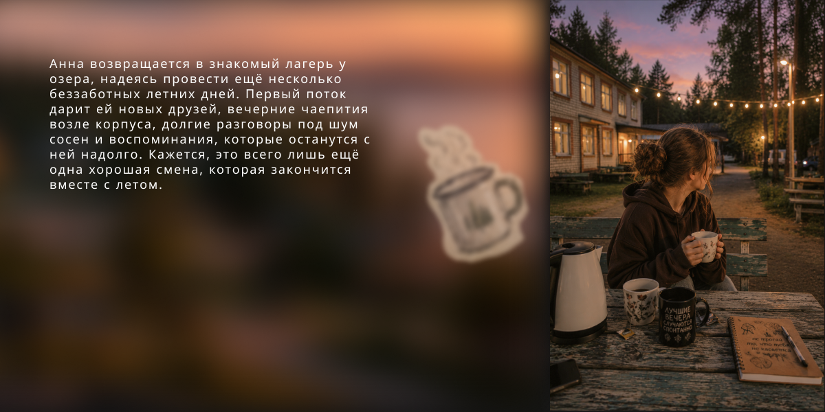 Анна с кружкой у стола во дворе лагеря