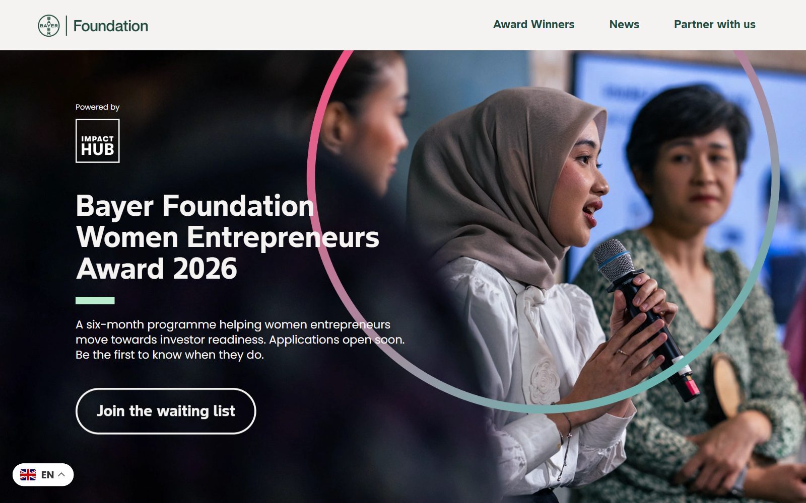 Bayer Foundation Women Entrepreneurs Award homepage screenshot (October 2026)