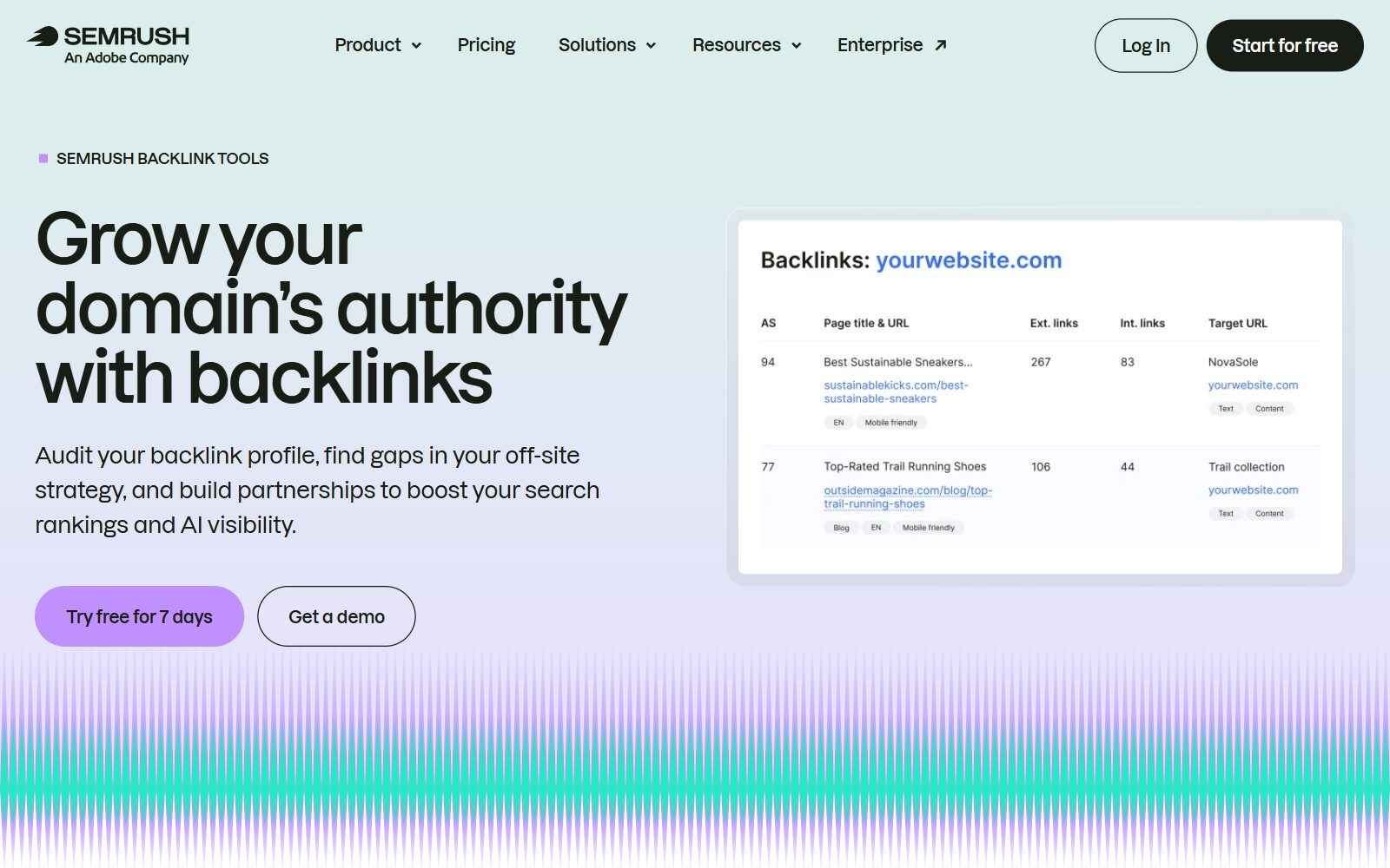 Semrush backlink tools page screenshot (October 2026)