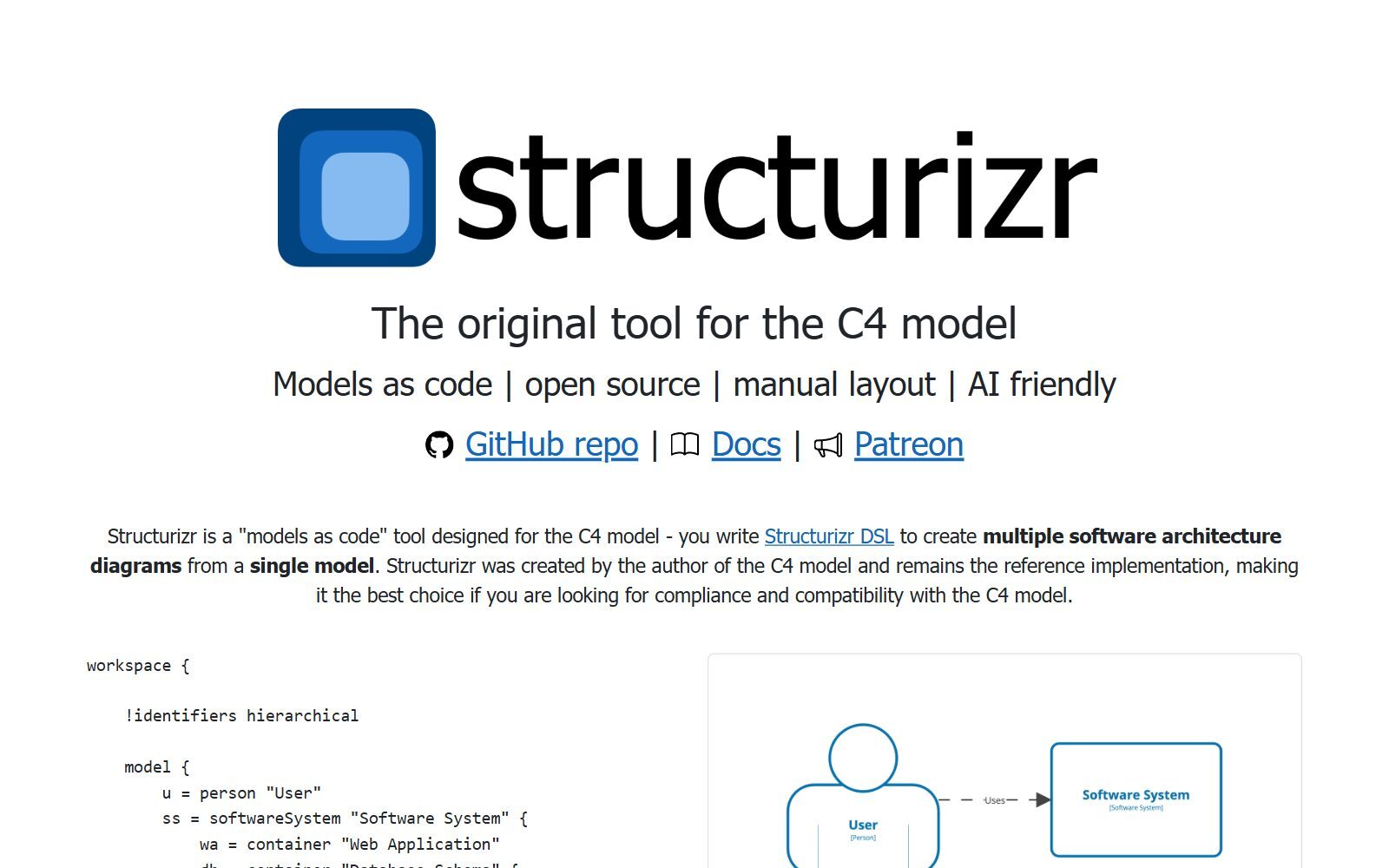 Structurizr homepage screenshot (October 2026)