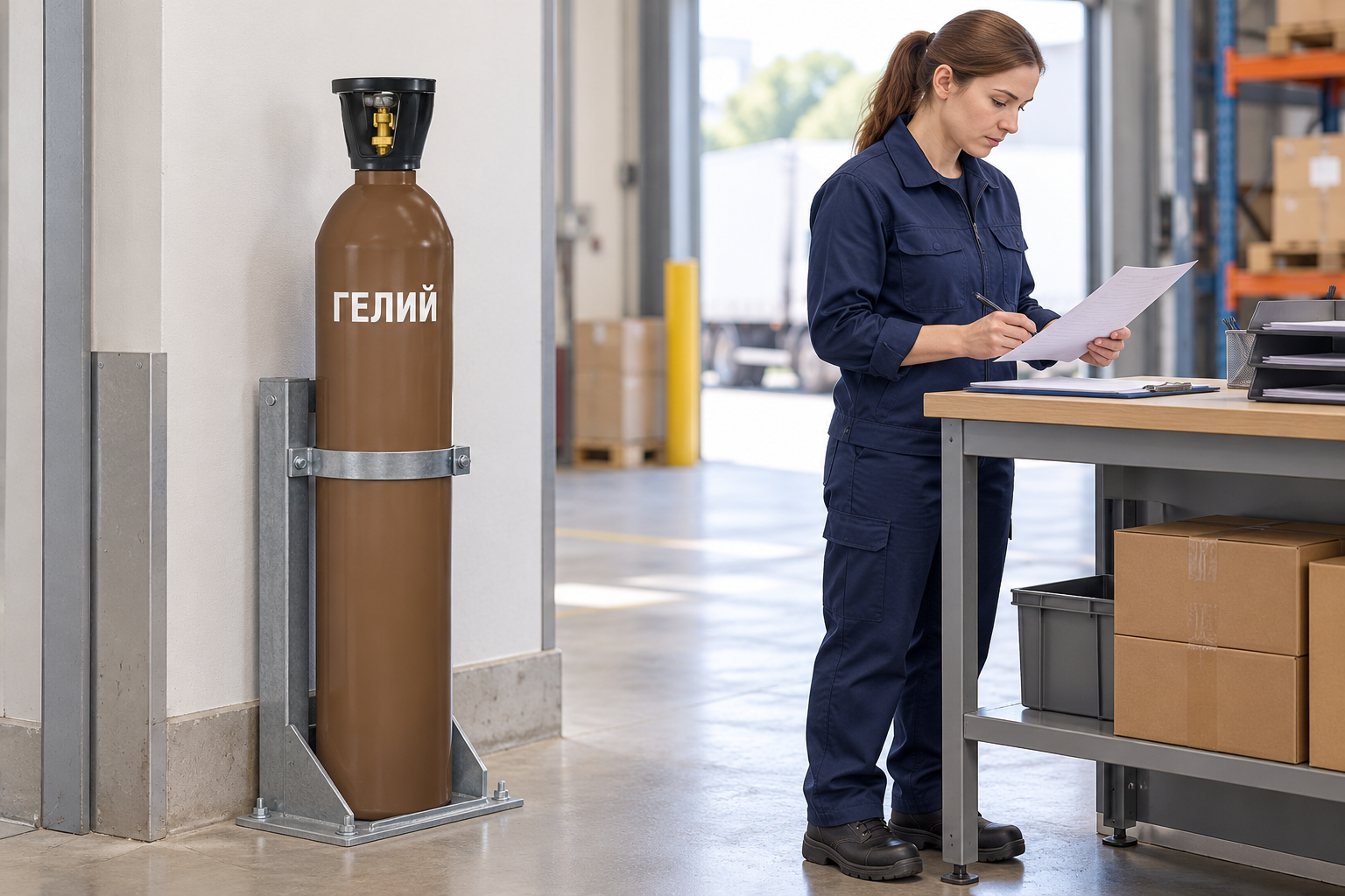 Специалист оформляет документы рядом с гелиевым баллоном в зоне выдачи