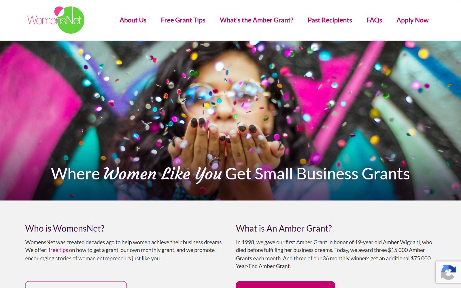 Amber Grant WomensNet homepage screenshot (October 2026)