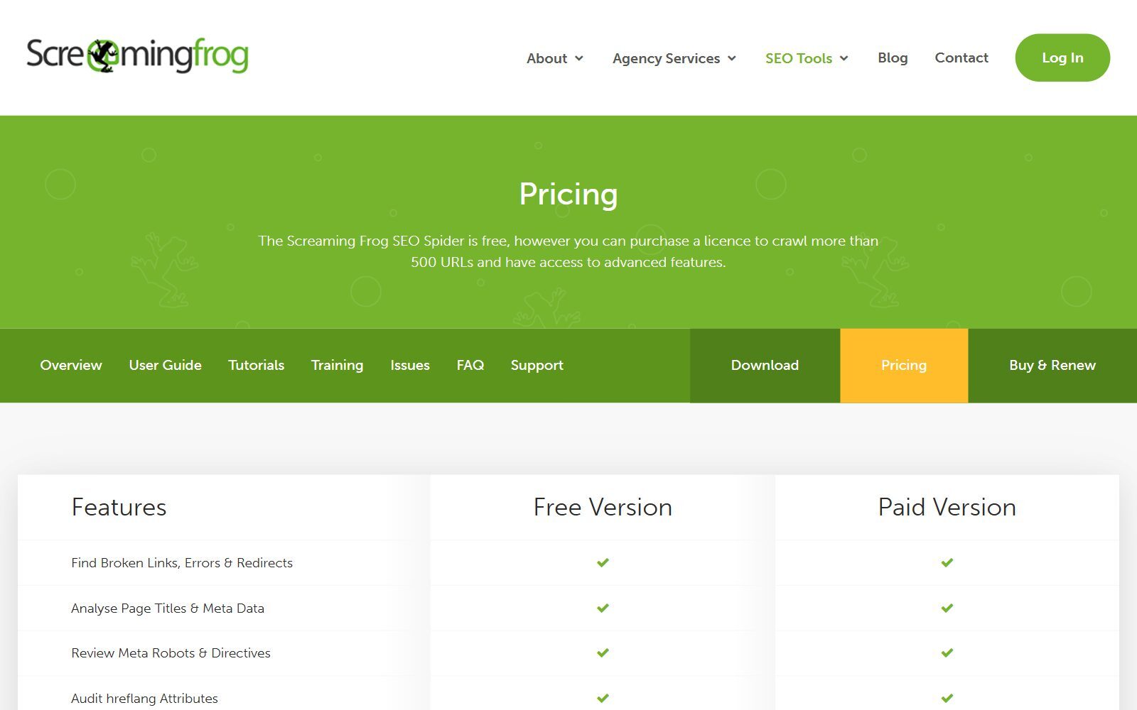 Screaming Frog SEO Spider pricing page screenshot comparing the free and paid versions (October 2026)
