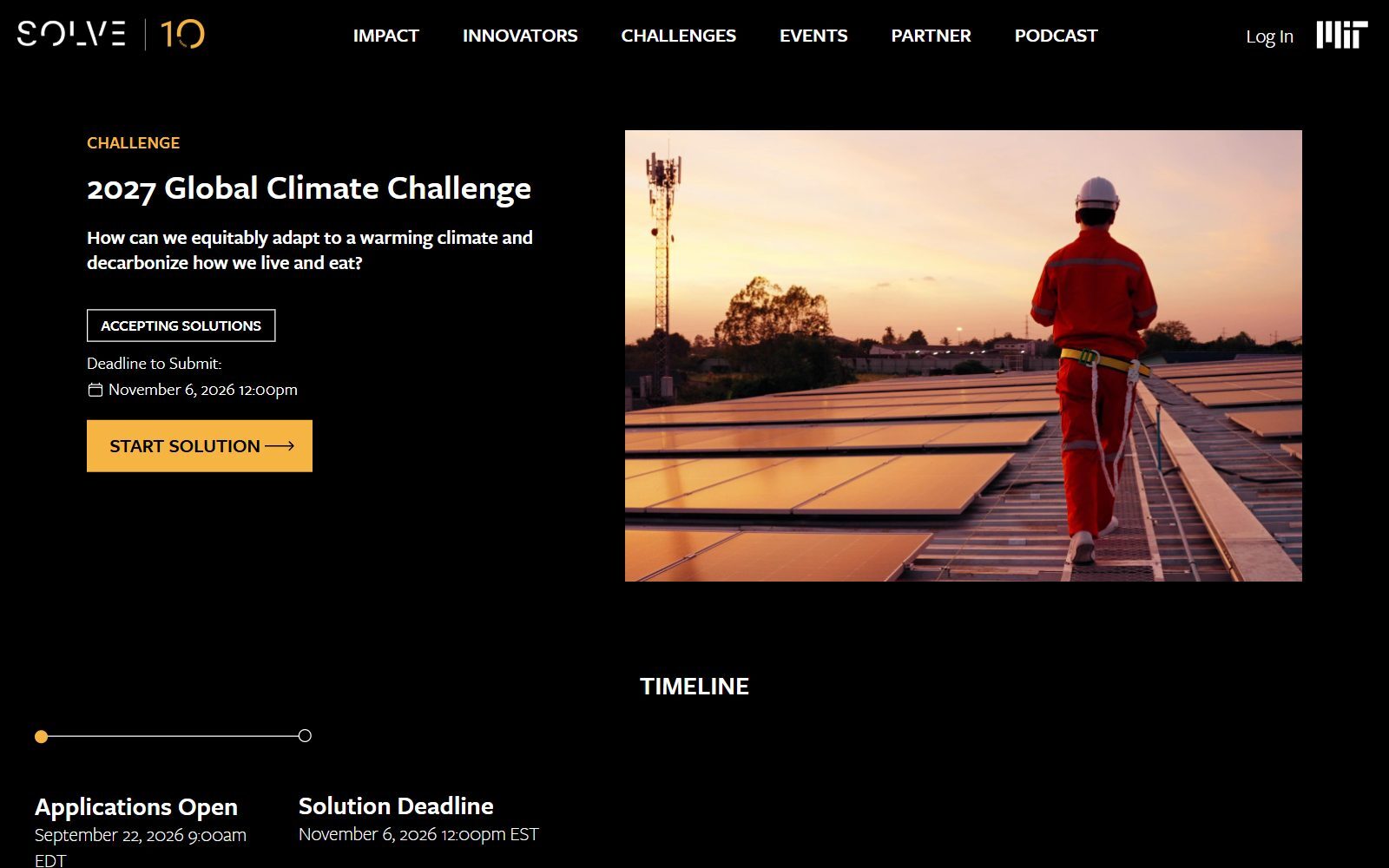 MIT Solve 2027 Global Climate Challenge page screenshot (October 2026)