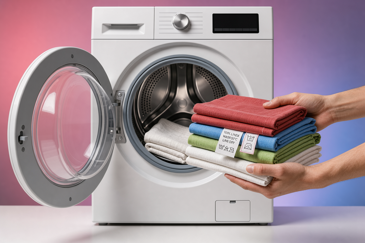 Open washing machine drum with neatly folded linen being placed inside, focus on textures and labels, no logos or bottles visible
