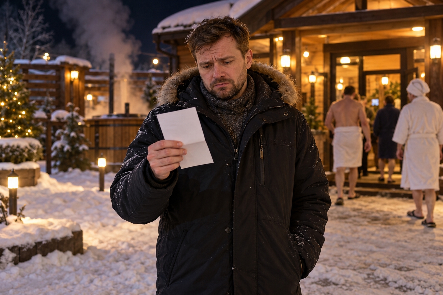 Мужчина в тёмной зимней куртке читает письмо на фоне деревянного банного комплекса и горячей купели в снегу