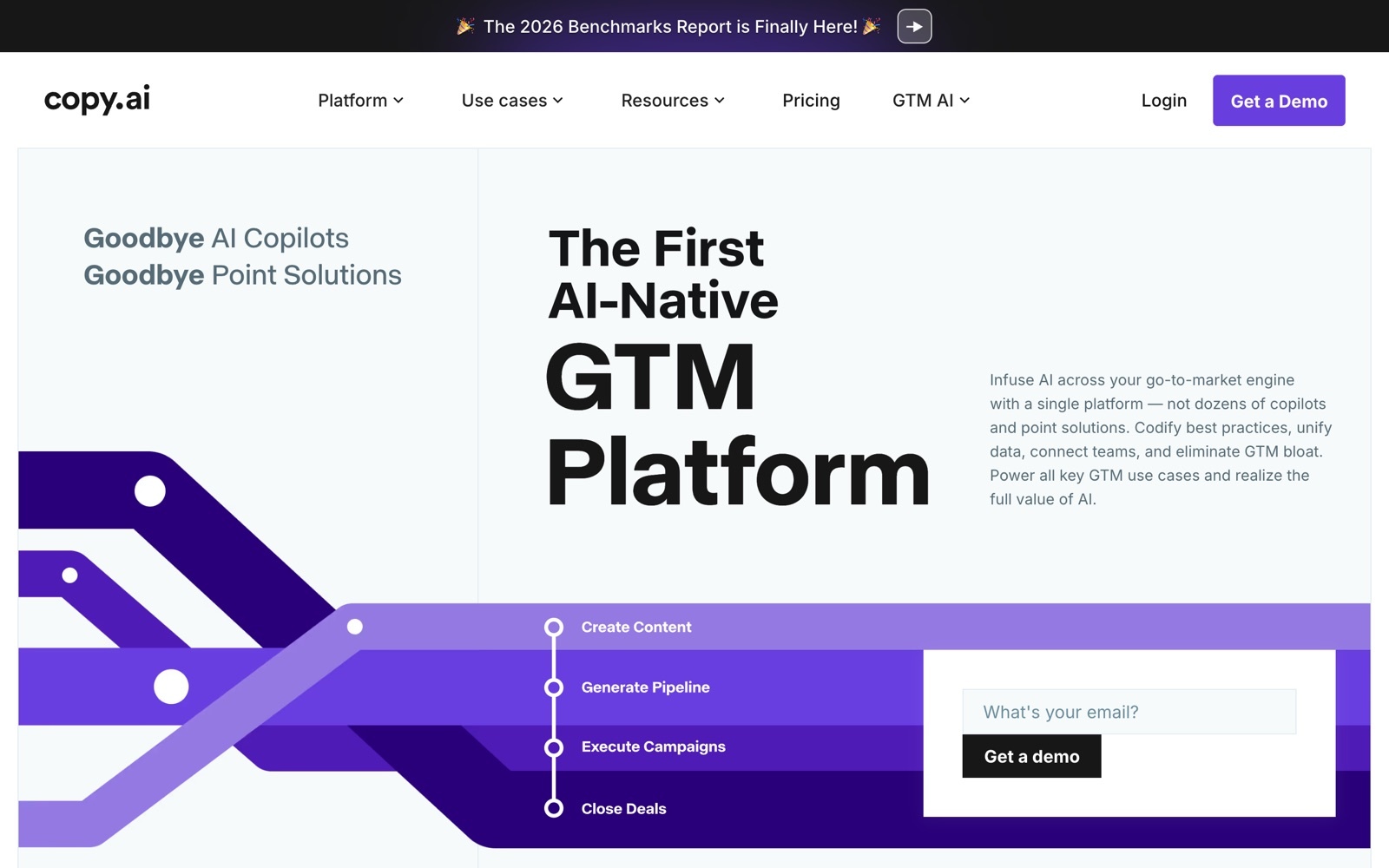 Copy.ai homepage screenshot: AI platform for go-to-market and marketing content workflows