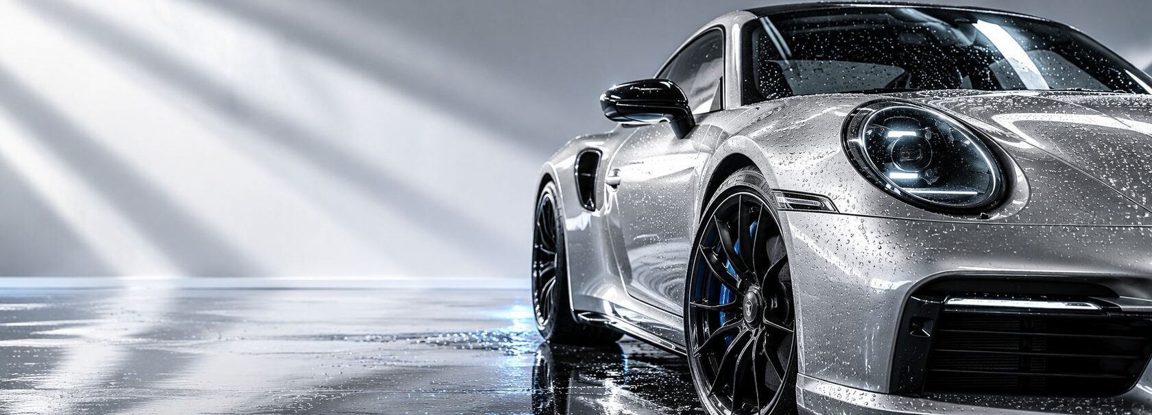 Silver sports car with water droplets in studio light