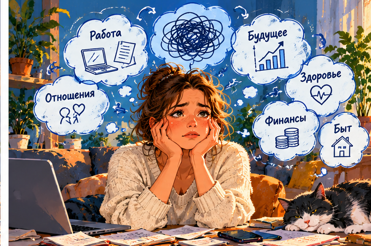 Женщина за столом среди мыслей о работе, финансах, отношениях и здоровье