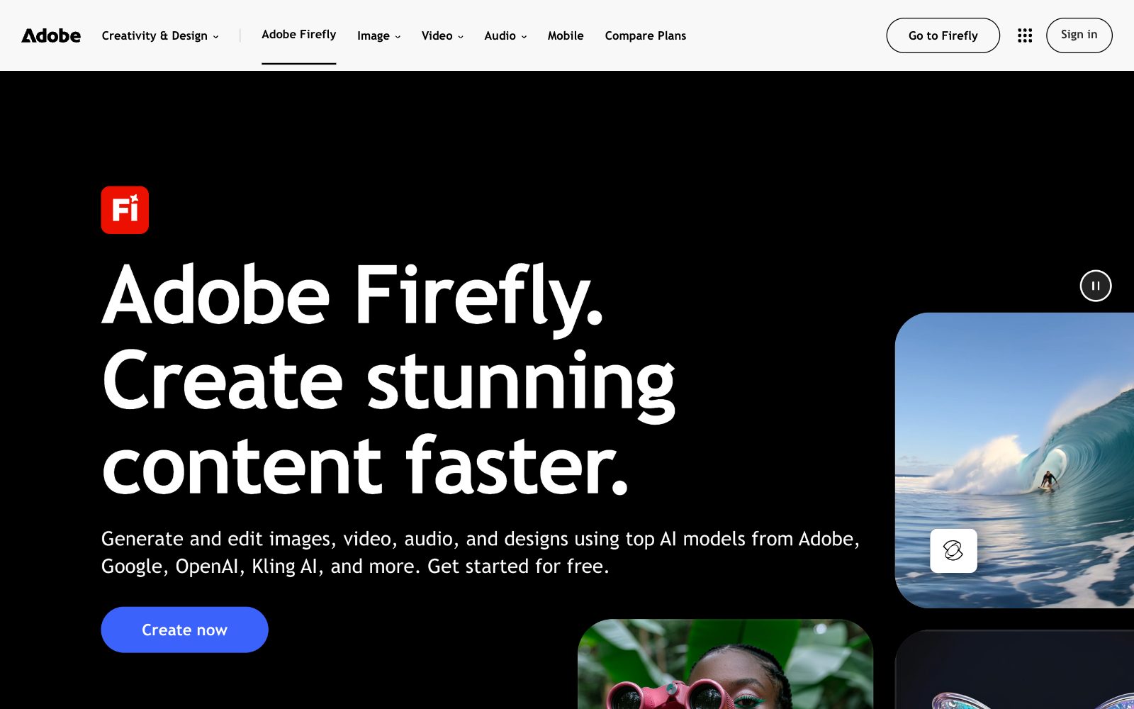 Screenshot of the Adobe Firefly product page with the headline Adobe Firefly. Create stunning content faster. and a Create now button on a black background