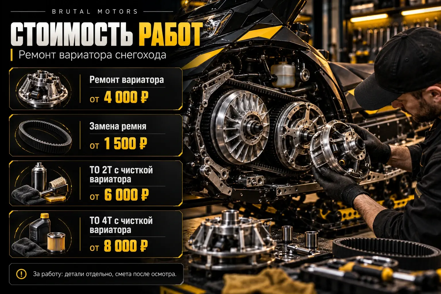 Стоимость ремонта вариатора снегохода: работы от 1500 до 8000 рублей