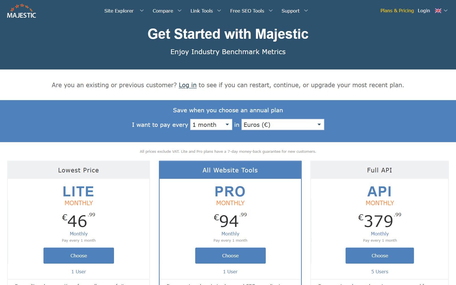 Majestic plans and pricing page screenshot showing Lite, Pro and API monthly prices in euros (October 2026)